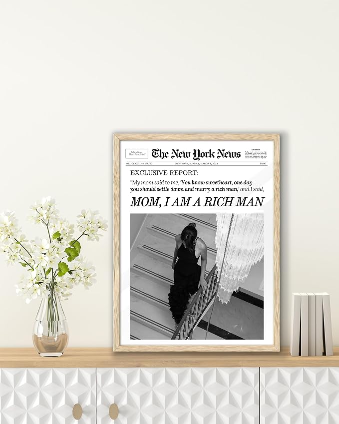 EcoHest 12x16 in Mom I Am a Rich Man Newspaper Canvas Art | Unframed Canvas Print, Girly Fashion Magazine Wall Decor for Bedroom, Apartment, Dorm Room, College Room, 1Pack