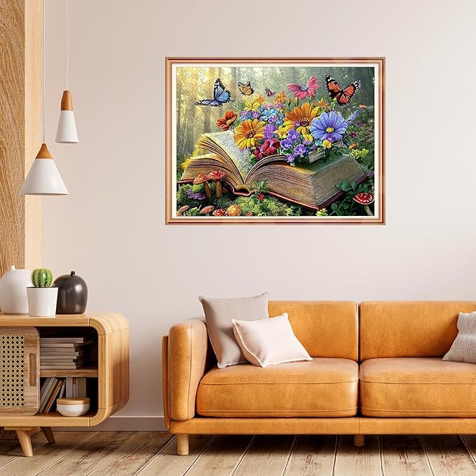 Ixfyloop Butterfly Book Wooden Puzzles for Adults, Colorful Wildflower Magic Jigsaw Puzzles 500 Pieces, Challenging Puzzle Gifts for Teens, Art Family Game 14.2x18.8 inch