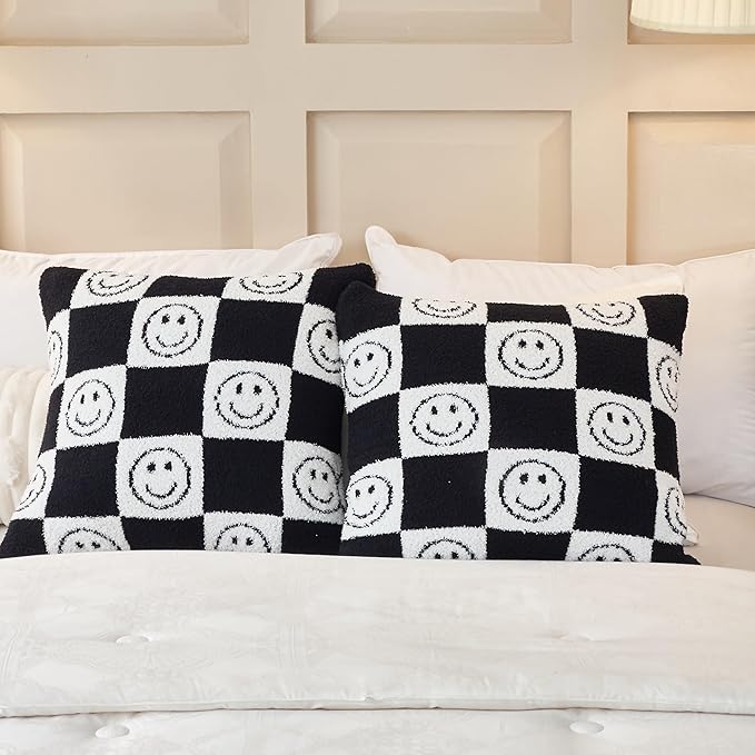 Pack of 2 Ultra Soft Cozy Happy Smiling Face Checkered Knitted Throw Pillow Cover Fluffy Microfiber pillocase Decorative for Sofa Bed 18 Inches Both Sides (Black)