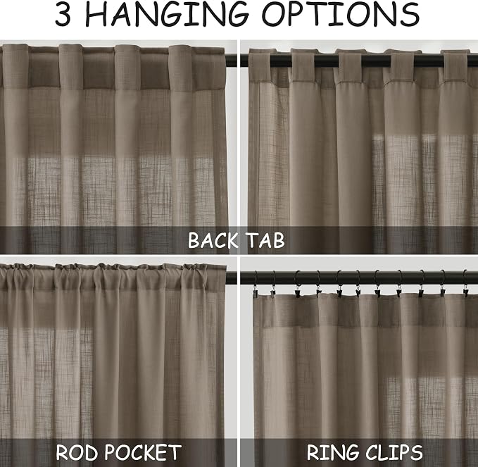 Dark Taupe Linen Curtains 84 Inches Long for Bedroom Back Tab Light Filtering Privacy Semi Sheer Curtains Modern Farmhouse Decor Dark Taupe Cotton Textured Curtain for Living Room 2 Panels 52x84