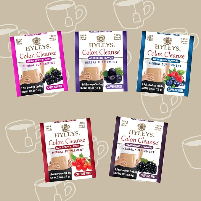 HYLEYS Colon Cleanse Tea, Assorted Flavors - 42 Individually Wrapped Herbal Tea Bags - Caffeine Free, Gluten Free