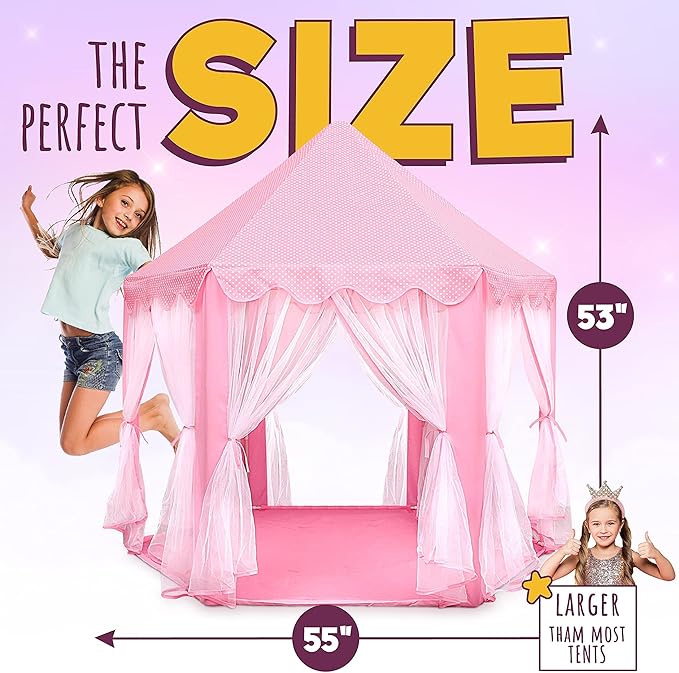 ORIAN Princess Castle Play Tent for Girls, LED Star Lights, Indoor & Outdoor Playhouse, Polyester, Pink, 55" x 53", Toddler & Kids Toys Ages 2–7