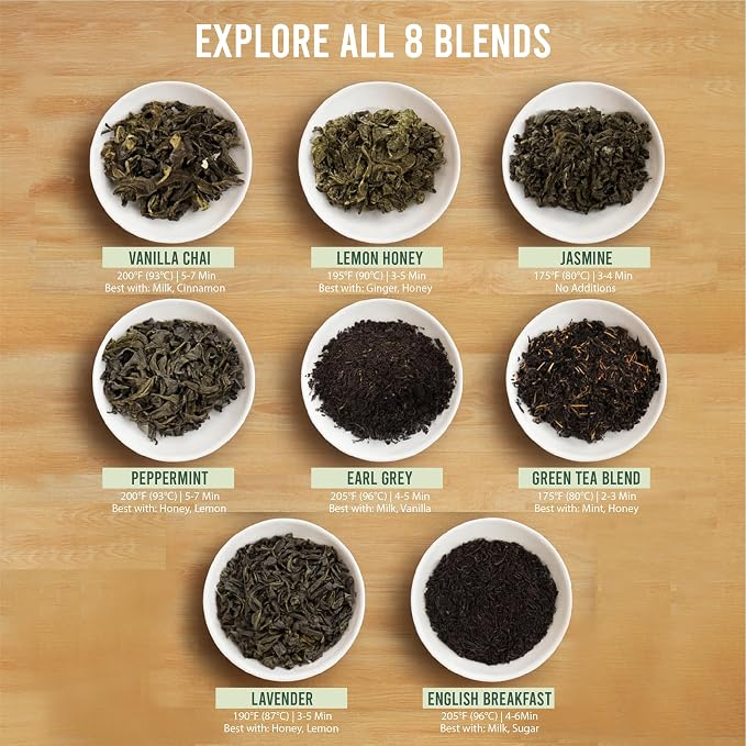 Tea Gift Set – 8 Unique Flavors with Stainless Steel Infuser | Loose Leaf Tea Sampler with Vanilla Chai, Jasmine, Green Tea & More | Tea Gift Sets for Women and Men - Gift For Dad - Pack of 9
