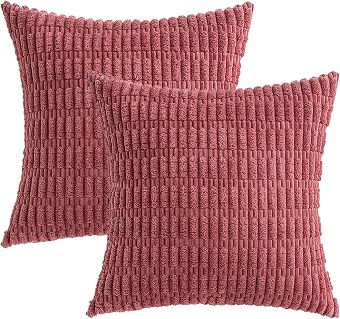MIULEE Corduroy Decorative Throw Pillow Covers 16x16 Crimson Pack of 2 | Soft Boho Striped Pillow Covers Modern Farmhouse Home Decor For Sofa Living Room Couch Bed