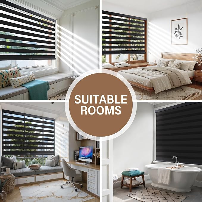 AOSKY Cordless Zebra Blinds for Windows Pull Down Roller Window Shades Dual Layer Light Filtering Privacy for Day and Night, Free-Stop Door Shades for Home Easy to Install (32" W X 72" H, Black)