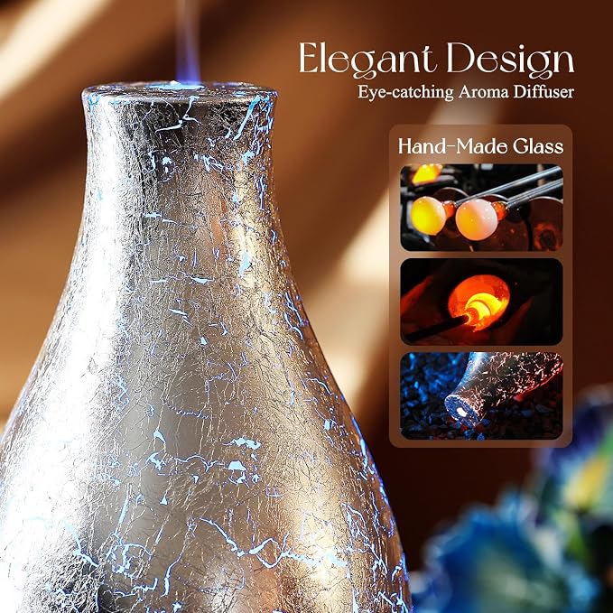 Porseme 100ml Silver-Plated Volcano Essential Oil Diffuser 3D Glass - Elegant and Effective Aromatherapy with 7 Color Changing LEDs and Waterless Auto-Off BPA Free for Home Yoga Leisure SPA Gift