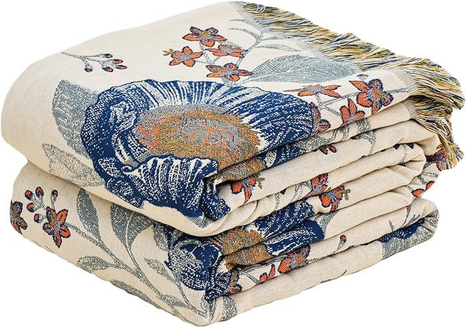 VANJOROY Boho Throw Blanket, 100% Organic Cotton Breathable Ultra Soft Bed Quilt Throw - All Season Floral Bird Butterfly Farmhouse Decor Blanket for Sofa Couch Chair and Gift. 80" x 90"