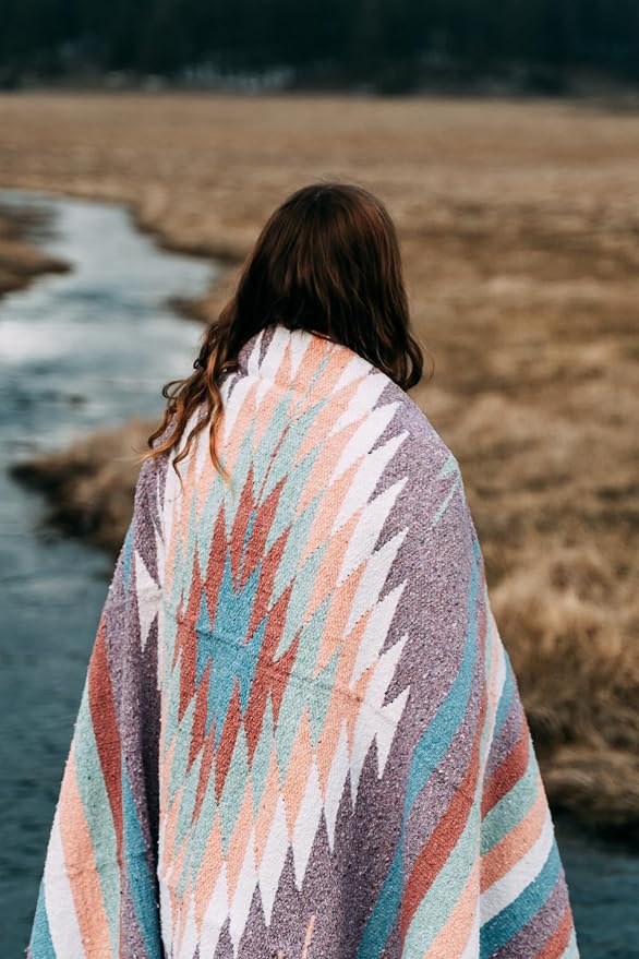 Open Road Goods Aztec Navajo Style Blanket, Throw, or Yoga Bolster - Handwoven Mexican Diamond Blanket (Pastel Blanket)