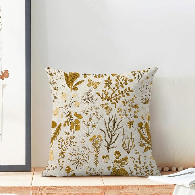 AEIOAE Summer Pillow Covers 22x22 Inch Set of 2,Mustard Yellow Wild Flower Plant Throw Pillows Case,Seasonal Floral Outdoor Decorative Square Linen Farmhouse Decor Cushion Covers for Home Couch