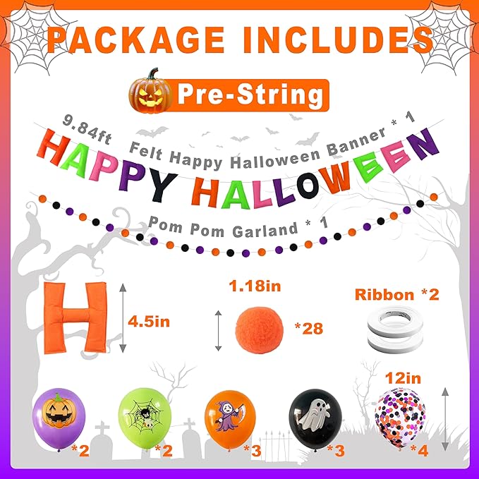 Pre-Strung 3D Felt Happy Halloween Banner - Reusable Happy Halloween Decoration Sign,Orange Purple Black Felt Ball Garland, Pom Pom Garland, Horror Party Decorations, Photo Prop
