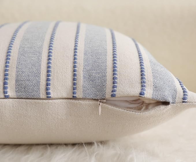 Cethom Decorative Boho Throw Pillow Covers, Farmhouse Textured Pillow Case, 20 x 20 Inch Set of 2, Chair Sofa Bedroom Living Room Home Decor Couch Cushion Case, Classic Blue and Beige Striped