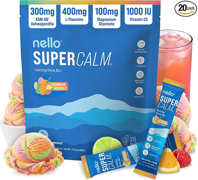 Nello Supercalm Powdered Drink Mix, Cortisol Reducer and Sleep Aid Supplement, L Theanine, Ksm-66 Ashwagandha, Magnesium Glycinate, Vitamin D 3, No Sugar, Non GMO, On The Go, 20 Ct, Rainbow Sherbet