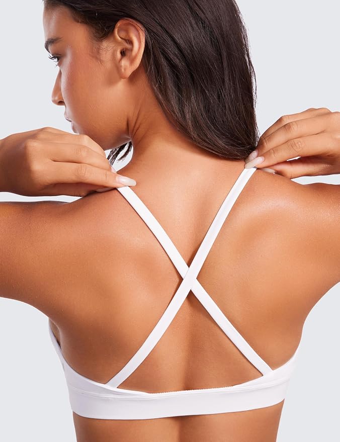 CRZ YOGA Butterluxe Deep V-Neck Sports Bras for Women - Spaghetti Strap Criss Cross Padded Top Low Coverage Wireless Yoga