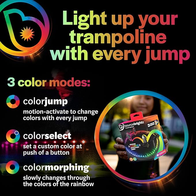 Brightz BounceBrightz LED Trampoline Lights, Color Changing - Motion Sensing - Changes Colors When You Jump - Fits 8FT 10FT 12FT 14FT 15FT Trampolines - Battery Powered
