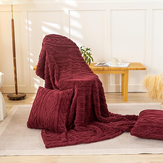 YUSOKI Sherpa Fleece Large Throw Blanket, Burgundy Red, 50"x65" | 3D Stylish Design,320GSM, Non-Shedding, Lightweight for All Season Use, stays fluffy after repeated washes, Perfect Gifts