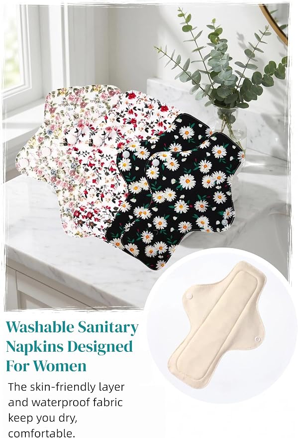 Washable Menstrual Pads,Reusable Incontinence Pads,Panty Liners Pads,Period Pads Sanitary Napkins,with 1 Storage Bag,for Women Postpartum/Incontinence Patients(Cotton Pink flower/S/6pcs)