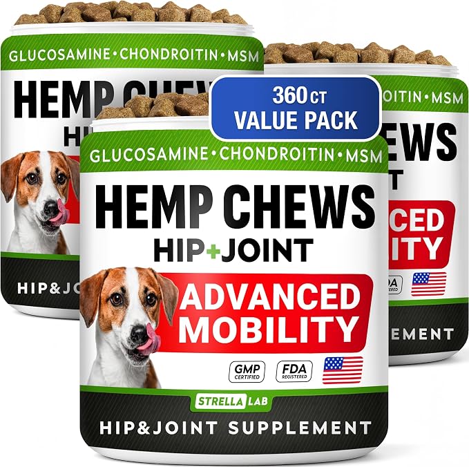 Large Breed Glucosamine Hemp Dog Joint Supplement - Hemp Chews for Dogs Hip Joint Pain Relief - Omega 3, Chondroitin, MSM - Advanced Mobility Hemp Oil Treats for Large Dogs - Made in USA - 360 Ct