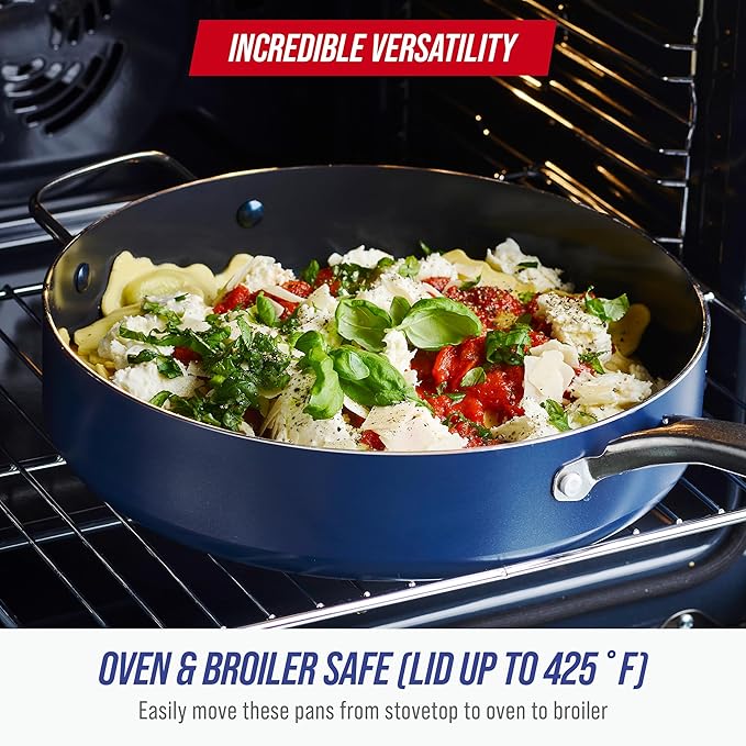 Blue Diamond 5QT Diamond Infused Ceramic Nonstick Sauté Pan with Lid, Blue | PFAS-Free Ceramic Nonstick Jumbo Cooker Skillet, Dishwasher & Oven Safe, Durable Metal Utensil Safe, Soups, Glass Lid