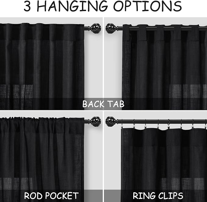 Nanspring Extra Long Black Linen Curtains 108 Inches Long 2 Panels Set for Living Room Privacy Simple Modern Semi Sheer Curtains Linen Textured Curtain for Bedroom Large Window 70x108