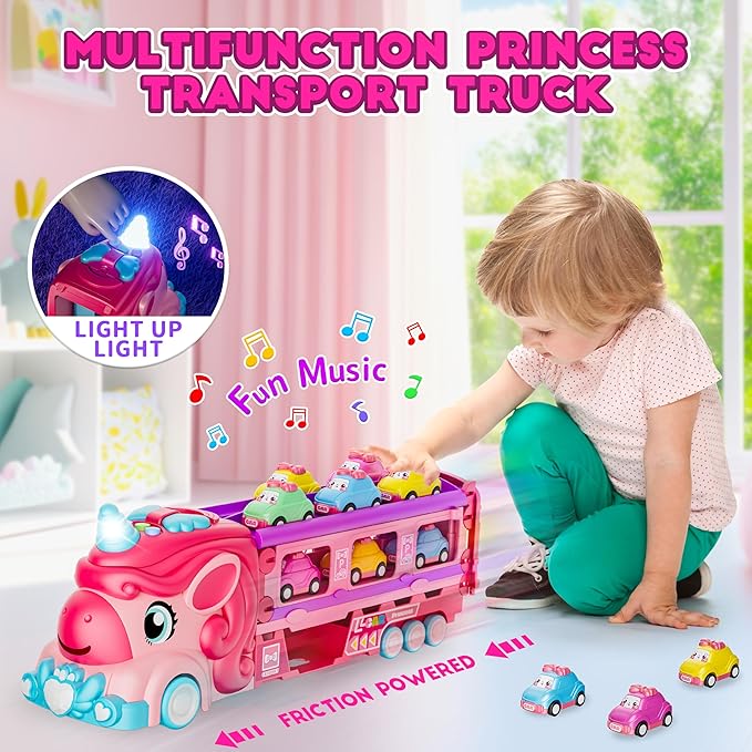 Unicorn Car Toys for 1-3 Girls, Unicorn Transport Truck Track Set W/Light & Sound, Friction Power Toy Cars W/ 6 Princess Cars, Foldable Track & Race Mode, Birthday Gift Idea for 2-4 5 6+ Toddler Kids.