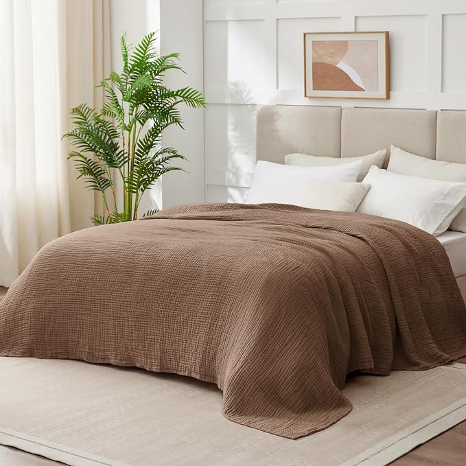 100% Cotton Muslin Blanket Queen 90" x 90", Breathable and Lightweight Cotton Throw Blankets for Bed, Soft Cooling Summer Gauze Blanket for Adults All Season, Tan