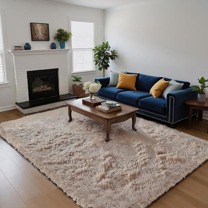 Fluffy Rug Shag Area Rug, Beige 4x6 Area Rugs for Bedroom, Small Bedside Rug, Soft Fluffy Shag Entryway Throw Rugs for Living Room Bedroom Room Home Decor