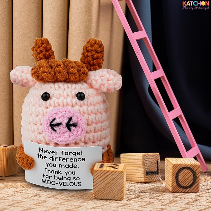 KatchOn, Mini Funny Positive Cow Gifts | Emotional Cheer Up Support Gift for Women, Men, Coworker, Friends, Teen | Handmade Crochet Highland Cow Gift for Christmas, Birthday, Bosses Day, Thanksgiving