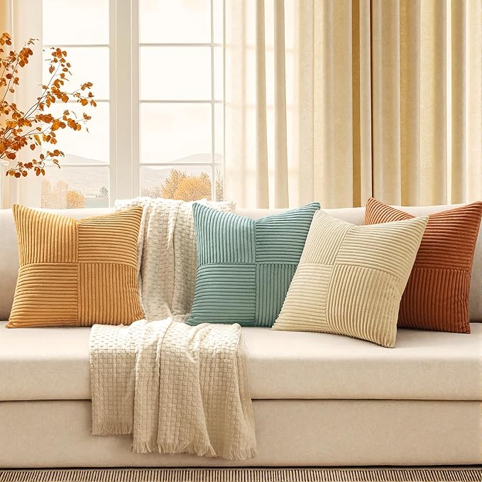 MIULEE Fall Boho Farmhouse Decorative Throw Pillow Covers 20x20 Inch 4 Packs Soft Vintage Pillow Cases Modern Corduroy Patchwork Cushion Covers for Couch Sofa Bed Home Decor, Teal-Rust