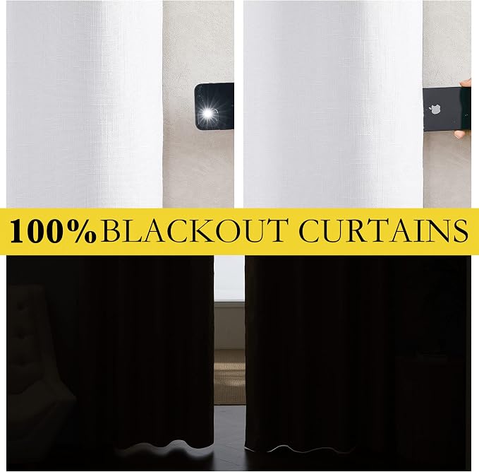 NICETOWN 100% Absolutely Blackout Linen Curtains with Thermal Insulated White Liner, White, 52 inches Wide, 72 inches Length Energy Saving Curtains for Living Room 2 Panels Set, Vertical Blinds
