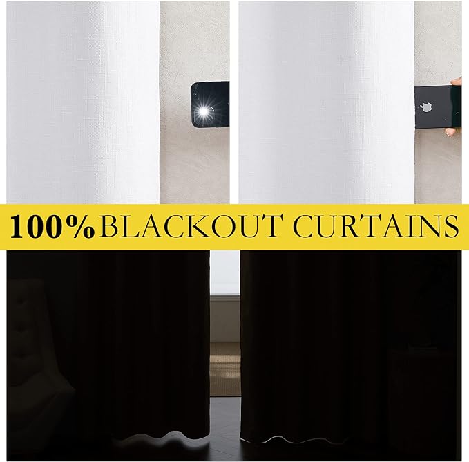 NICETOWN Rod Pocket 100% Blackout Linen Curtains for Living Room with Thermal Insulated Liner, White, 52" Wide, Long Curtains 95" Long 2 Panels Set, Thermal Insulated Privacy Drapes for Bedroom