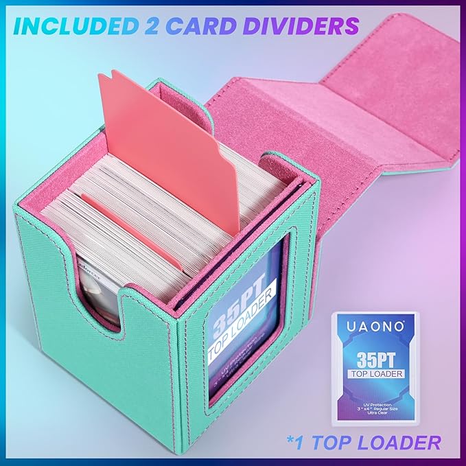 UAONO Card Deck Box with MTG Commander Display, Deck Case Holds 100+ Double-Sleeved Cards, Trading Card Storage Box Fits TCG/PTCG/Sports Card with 2 Dividers, 1 Top Loaders (Turquoise, Pink)