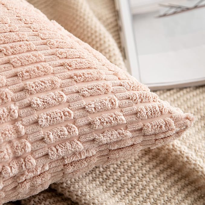 MIULEE Corduroy Decorative Throw Pillow Covers 18x18 Pink Pack of 2 | Soft Boho Striped Pillow Covers Modern Farmhouse Home Decor For Sofa Living Room Couch Bed