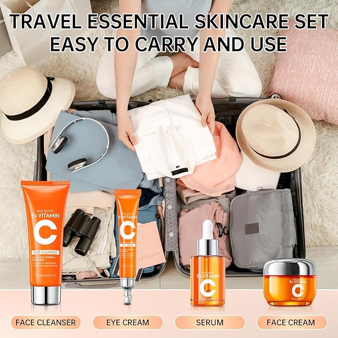 Vitamin C Skin Care Set - 4PCS Travel Skin Care Set With Facial Cleanser, Eye Cream, Serum & Face Cream - Korean Facial Skincare Set for Teen Girls and Women for Moisturizing, Anti-Aging, Anti-Wrinkle