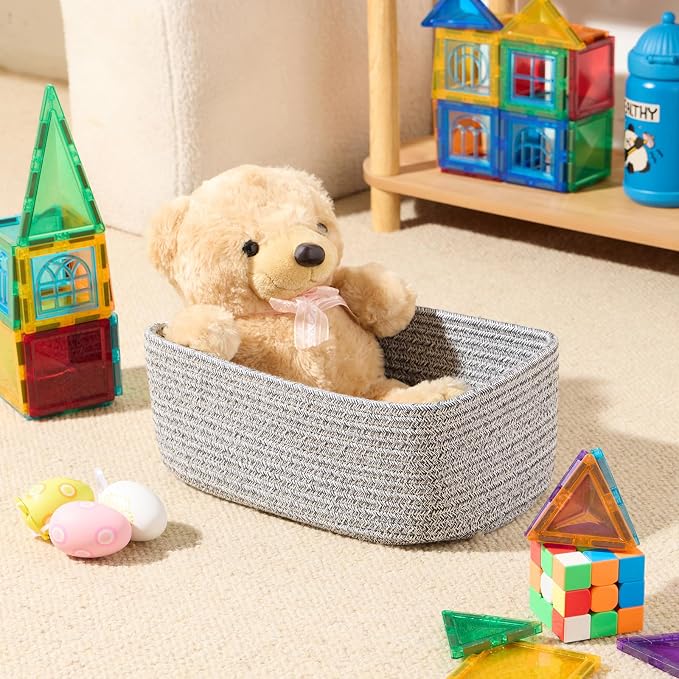 MiniArk Small Storage Baskets for Organizing | Closet Organizer Bins | Shelf Toy Basket | Woven Rope Baskets | Cube Decorative Box | Shallow Basket | 11.5x7.5x4.7” | 3 Packs Mixed Grey