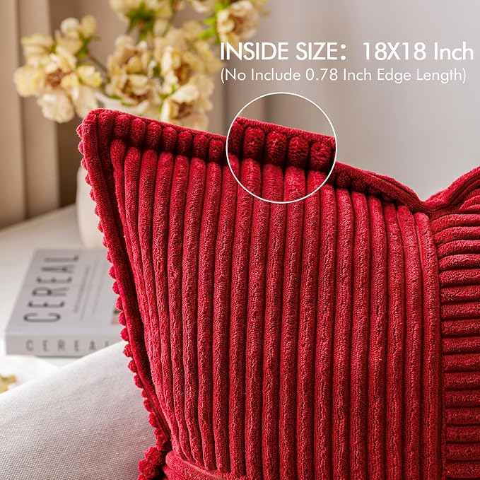 MIULEE Decorative Throw Pillow Covers for Couch 18x18 Inch Red 2 Pack | Boho Broadside Striped Patchwork Pillow Covers, Soft Corduroy Cushion Cases, For Sofa Bed Livingroom Home Decor