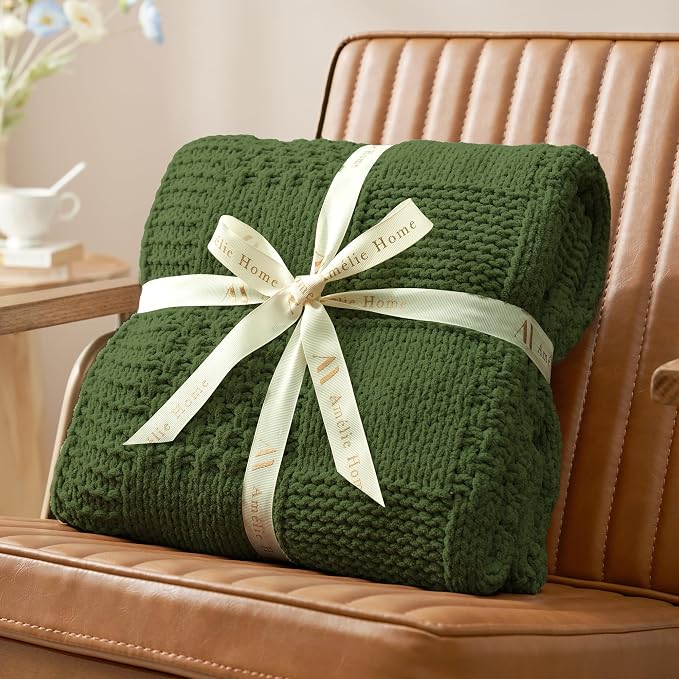 Knit Throw Blanket, Soft Chenille Cozy Breathable Checkered Chunky Decorative Blanket for Couch, Bed & Sofa, French-Inspired Lightweight Warm Gift for Women, Olive Green, 50"x60"