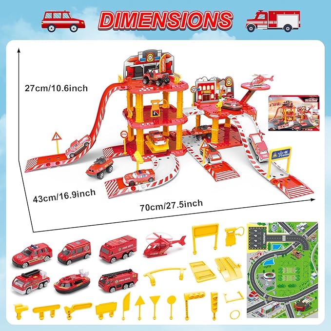 deAO Fire Station Toy Truck Car Race Tracks Vehicle Set Firefighting Playset Fire Station Pretend Play Toy with City Map Helicopter, Preschool Learning Educational Toys Birthday Gifts for Boys Girls