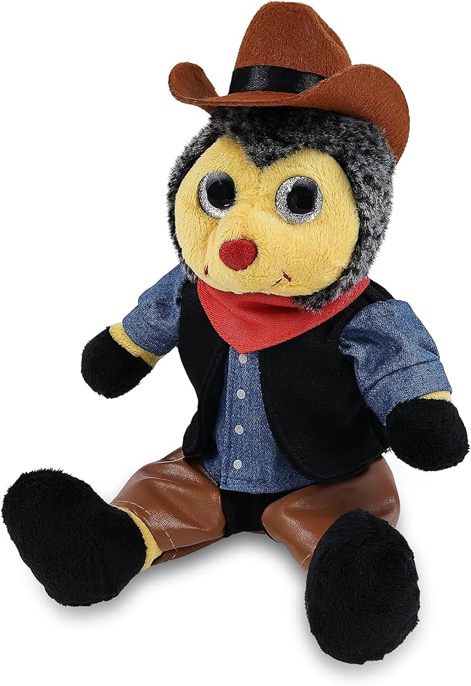 DolliBu Sitting Bee Stuffed Animal Cowboy Plush with Name Personalization - Western-Themed Bee Plush with Cute Cowboy Costume Denim Shirt Vest, Bandana, Leather Pants, and Hat - 7 Inches