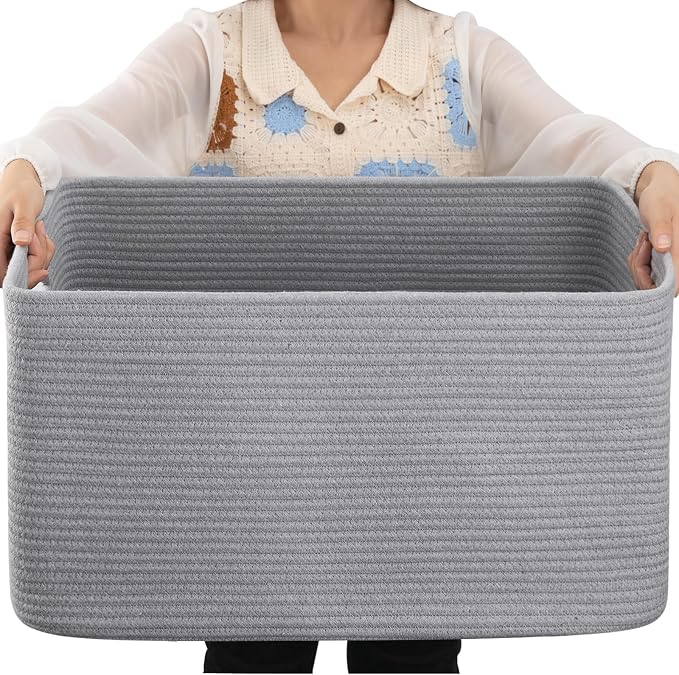 OIAHOMY 75L Large Blanket Basket, Woven Blanket Storage Basket with Handle, Cotton Rope Basket for Organizing 22”x17”x12”, Blanket Basket living Room, Toy Basket for Nursery, Grey