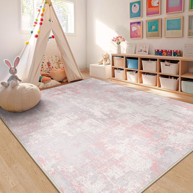 RELEANY Washable 9'x12' Abstract Area Rug for Living Room Gray Pink | carpet for bedroom, kitchen, office, hallway and entryway, printed pattern, non-slip, soft, stain-resistant, easy to clean
