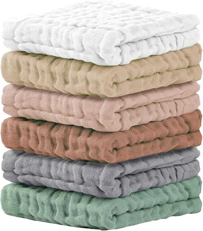 Cuddle Campus Baby Washcloths 6 Packs, Muslin Washcloths Baby,Cotton Burp Cloths, Extra Absorbent and Soft Wash Clothes for Newborns, 12x12 Inches