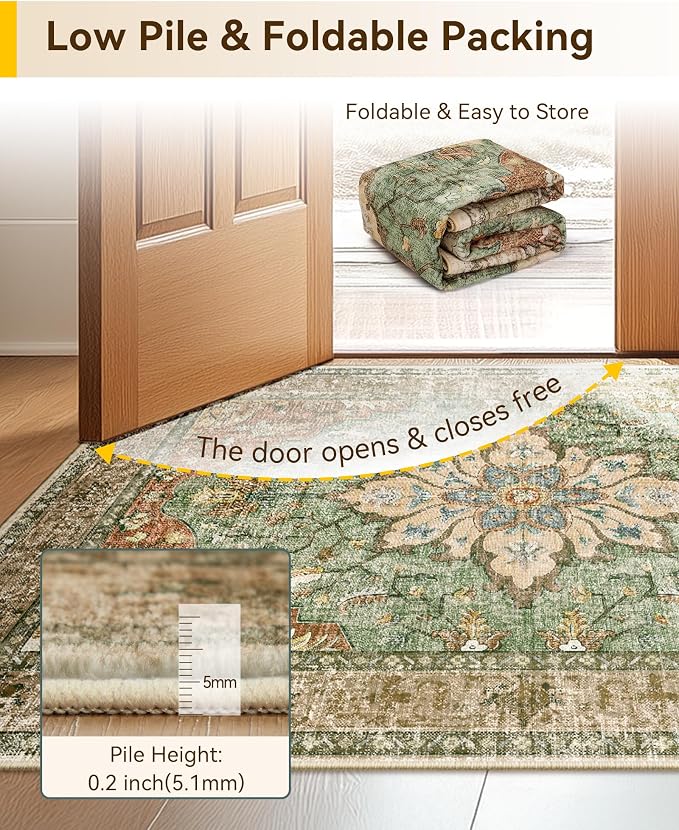 RELEANY Area Rugs 7'x10' Washable Non-Slip, Floral Vintage Distress Medallion Carpet for Living Room Bedroom Dining Room, Terracotta Burnt Orange Green