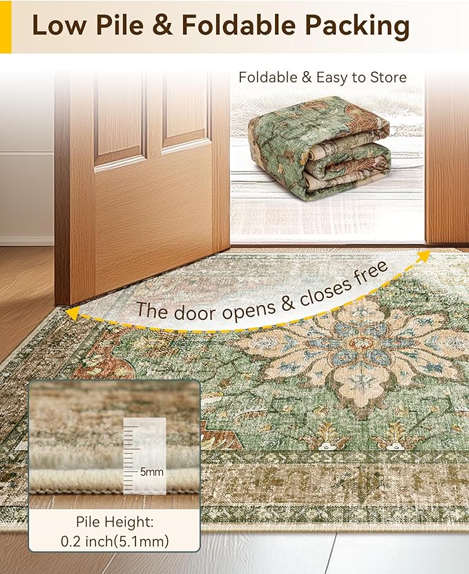 RELEANY Area Rugs Runner 3'x8' Washable Non-Slip, Floral Vintage Distress Medallion Carpet for Kitchen Hallway Bedroom Beside Laundry Room Bathroom, Terracotta Burnt Orange Green