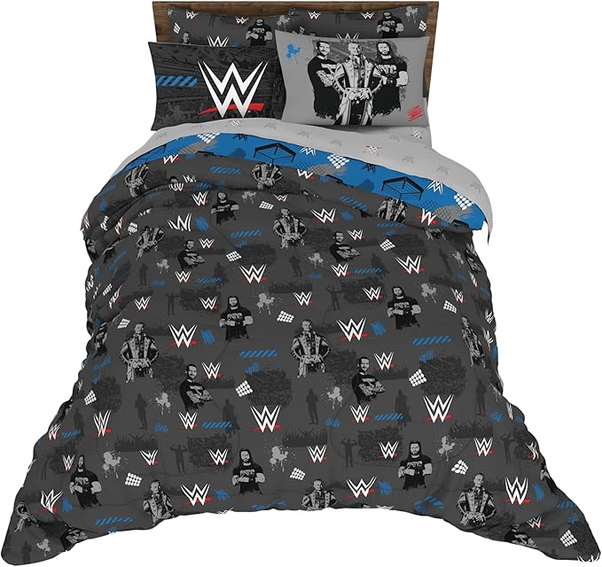 WWE Wrestling Bedding Set, Queen Size 7 Piece Set Super Soft Cozy Reversible Comforter and Sheet Set with Sham, (100% Officially Licensed Product) by Franco