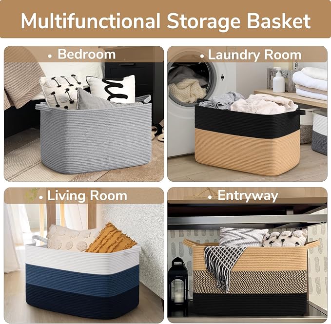Goodpick 85L Large Woven Blanket Basket, Rectangle, Black Jute | 23.6'' x 15.7'' x 13.8'' Wicker Storage Basket for Blankets, Pillows & Toys, Living Room, Bedroom & Nursery Organization