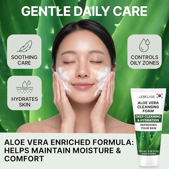 LEBELAGE Korean Aloe Vera Facial Cleanser 3.38 oz | Cleansing Foam Face Wash | Low pH Gentle Hydrating Daily Facial Cleanser Sensitive Skin | Deep Cleansing Foaming Cleanser, Pore Care-All Skin Types