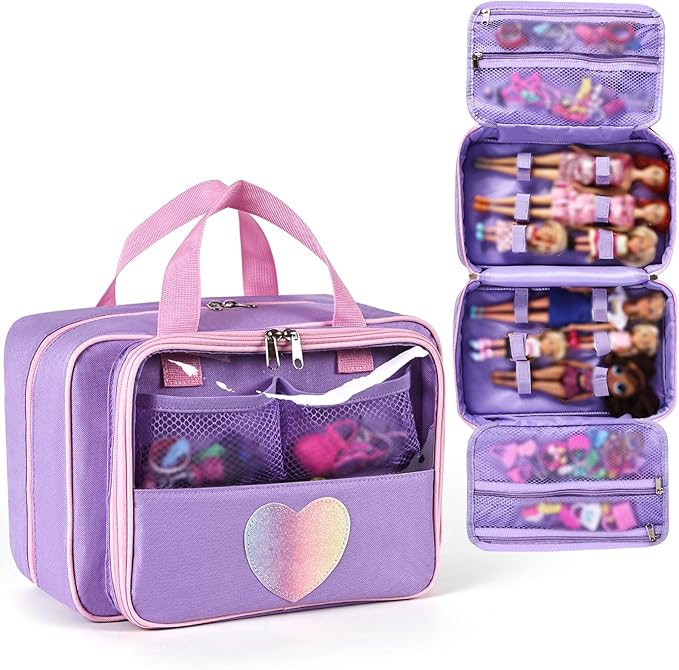 Carrying Case Compatible with Barbie Dolls 12-Inch/6-inch, All-in-One Organizer Holds 6-12 Dolls & Accessories，Large Doll Travel Case with Handle, Bag Only (Purple)