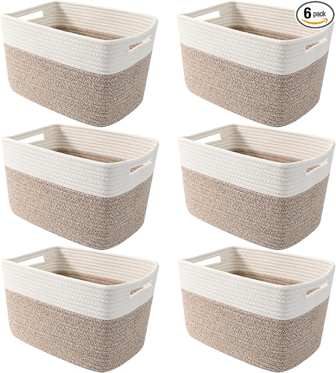 6 Pack Woven Rope Baskets, 12.6"×9"×7.8" Storage Bins, White&Brown | Storage Boxes for Toys, Books, Towels, Clothes, Shelf Baskets Organizer,Empty Gift Baskets for Living Room, Bathroom, Bedroom