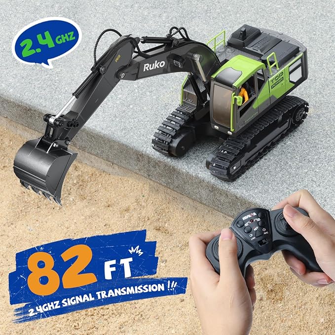 Ruko 1661 Remote Control Excavator Toys for Boys, 2.4Ghz RC Construction Vehicles with Metal Shovel & Simulated Lights Gift for Kids