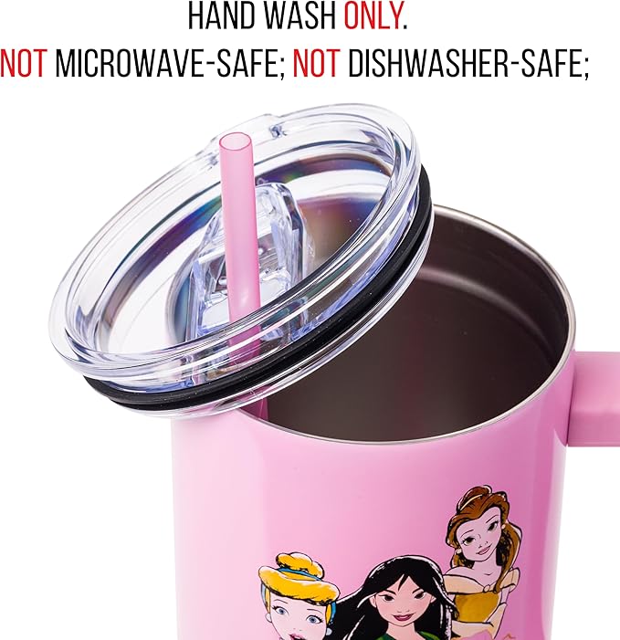 Silver Buffalo Disney Princess Featuring Cinderella, Mulan, Belle, Ariel, Tiana, and Jasmine Double Walled Stainless Steel Tumbler with Handle and Straw, Fits in Standard Cup Holder, 40 Ounces
